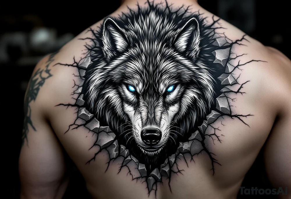 A fierce wolf emerging from a cracked surface, its fur detailed in black and silver, with glowing ice-blue eyes. tattoo idea