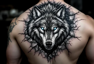 A fierce wolf emerging from a cracked surface, its fur detailed in black and silver, with glowing ice-blue eyes. tattoo idea