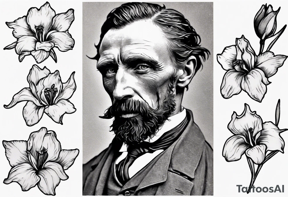 Create a small Vincent van Gogh art tattoo. The intended placement is on the upper chest. The overall design should be small in size while maintaining a delicate and artistic aesthetic. Pay attention to the graceful flow of the vines and the placement of the irises to achieve a refined and elegant look. tattoo idea