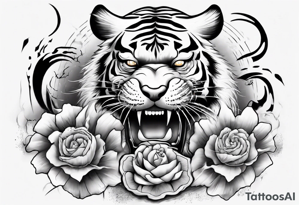 Tiger sleeve tattoo with lightning and the sun tattoo idea