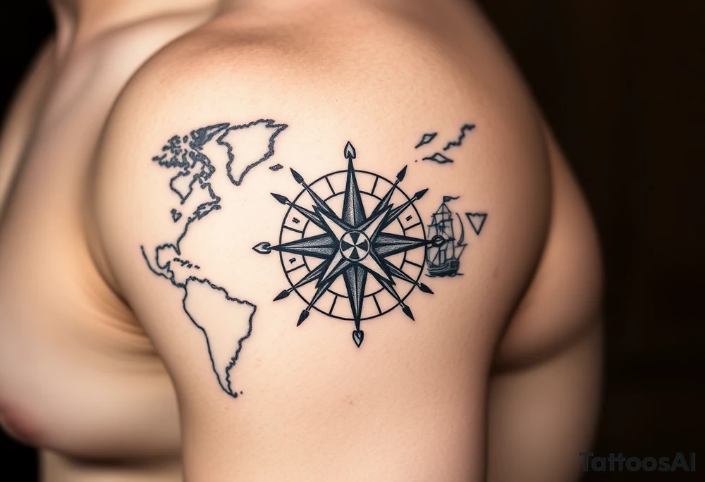 antique compass rose overlaid on weathered world map with sailing ships tattoo idea