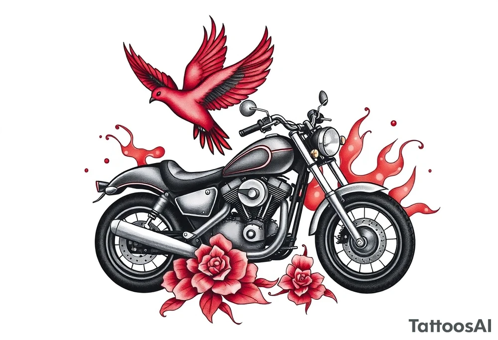 Motorcycle, red bird flying, roses and lace, flames tattoo idea