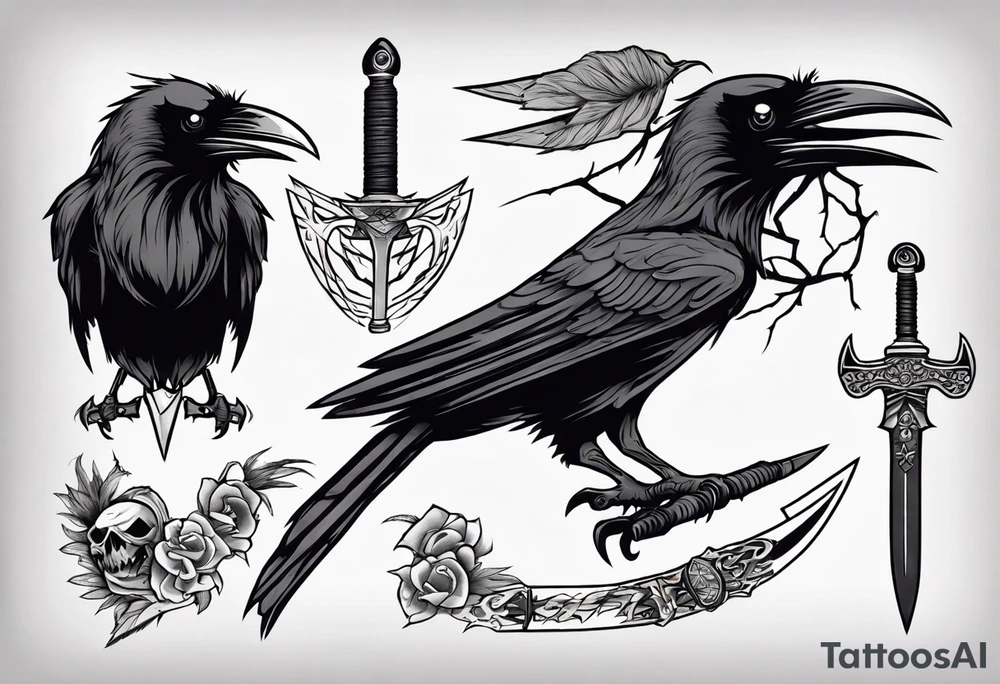 Angry raven with a dagger tattoo idea