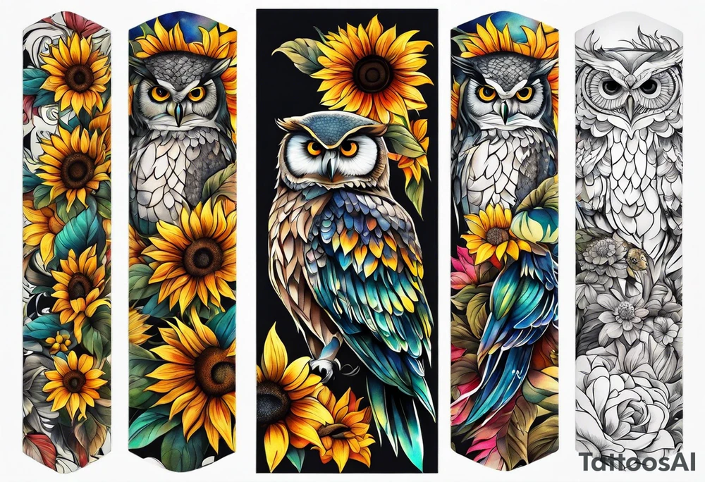 Arm sleeve with colorful sunflowers and an owl tattoo idea