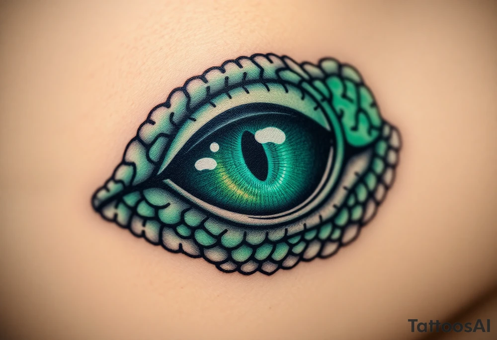 "A hyper-detailed close-up of a lizard eye, realistic scales texture, emerald green and black ink style, small tattoo design (3-5 cm), sharp lines, stippling shading, minimalist background, high contrast, suitable for forearm or wrist. Trending on Pinterest, Behance. Do not include full face, only the eye area. tattoo idea