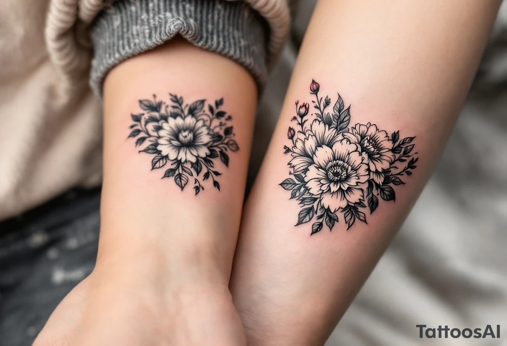 Matching flowery hearts in black ink tattoo idea