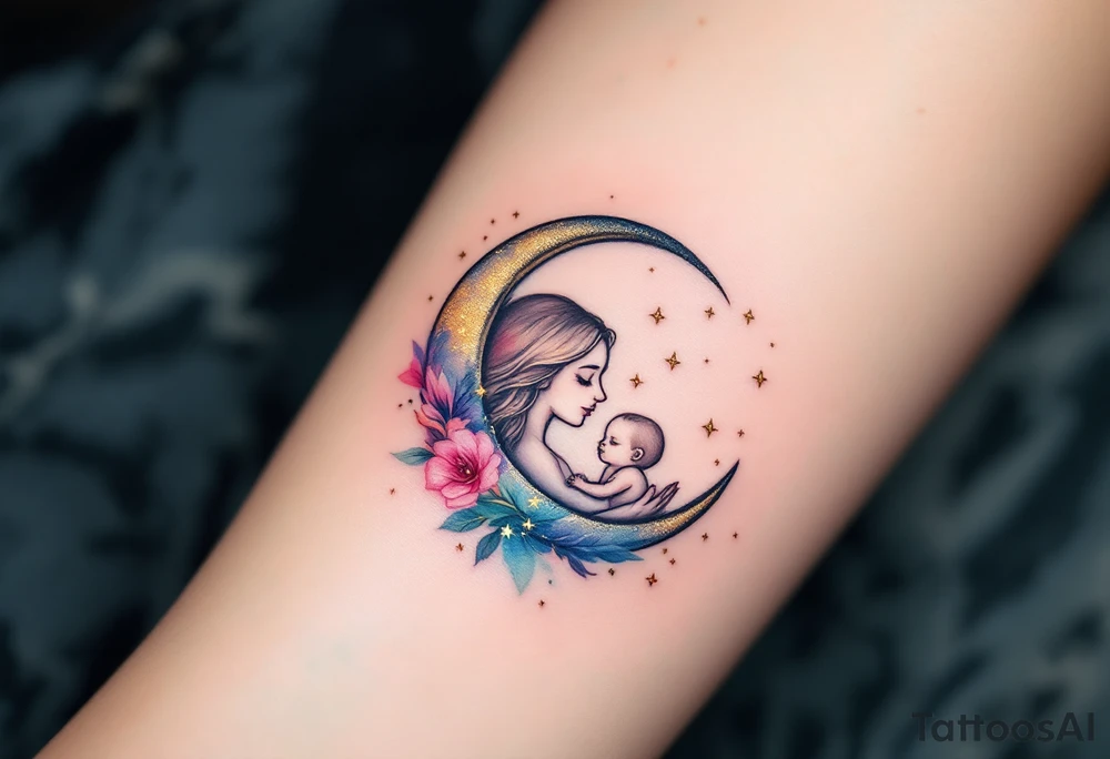 A crescent moon in silver with a mother and child nestled inside, surrounded by tiny gold stars, represents nighttime care and dreams. tattoo idea