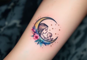 A crescent moon in silver with a mother and child nestled inside, surrounded by tiny gold stars, represents nighttime care and dreams. tattoo idea