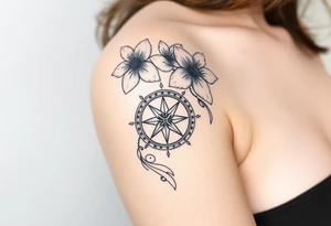 Abstract Compass with large flowers flowing above and below the compass tattoo idea