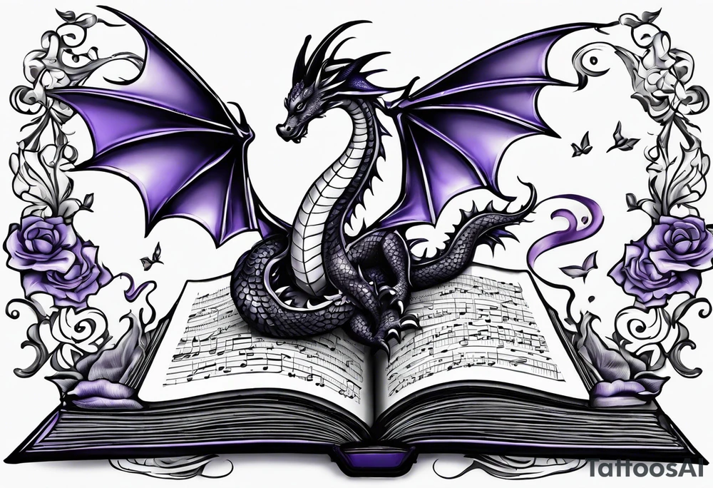 an open book with a small dragon flying over, a pawn piece to the right, a single music note and a lavender flower under the book tattoo idea