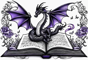an open book with a small dragon flying over, a pawn piece to the right, a single music note and a lavender flower under the book tattoo idea