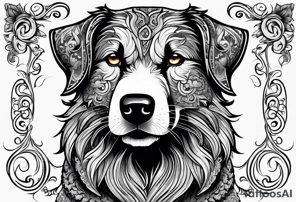 Sheepdog all black short hair with white nose one eye open one eye closed . Muay Thai symbol behind him with a pair of blue cat eyes at the botttom and lots of elegant swirls around tattoo idea