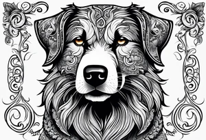 Sheepdog all black short hair with white nose one eye open one eye closed . Muay Thai symbol behind him with a pair of blue cat eyes at the botttom and lots of elegant swirls around tattoo idea