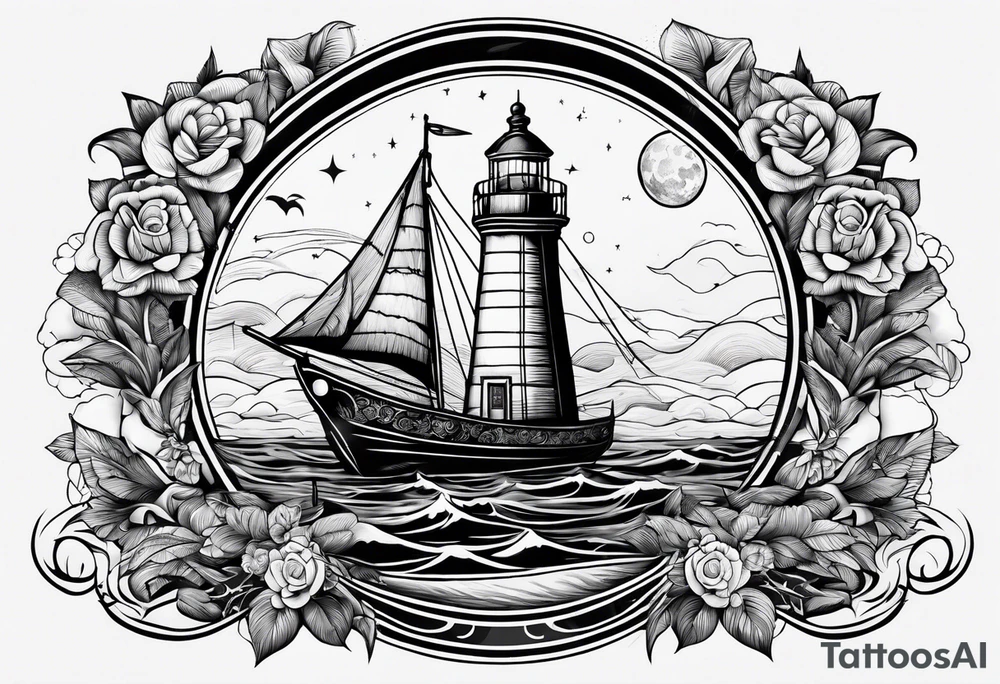 bateau, phare maritime et lune bleu tattoo idea