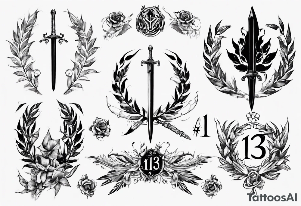 tattoo uses all the following details - the number 13, a sword, a laurel leaf wreath, and amor fati. tattoo idea
