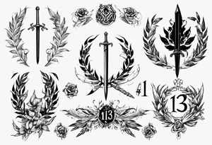 tattoo uses all the following details - the number 13, a sword, a laurel leaf wreath, and amor fati. tattoo idea