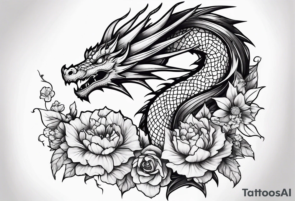 Dragon with September birth flower going up the spine tattoo idea