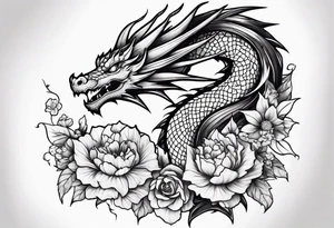 Dragon with September birth flower going up the spine tattoo idea
