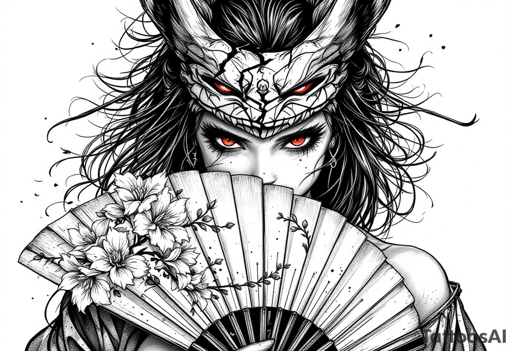 Woman samurai with red eyes wearing an half and broken kitsune mask, holding a japanese fan with Sakura flowers tattoo idea