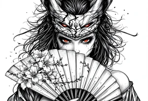 Woman samurai with red eyes wearing an half and broken kitsune mask, holding a japanese fan with Sakura flowers tattoo idea