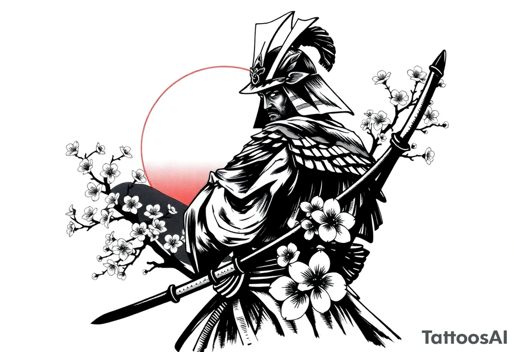 noble samurai warrior silhouette at sunset with cherry blossoms tattoo idea