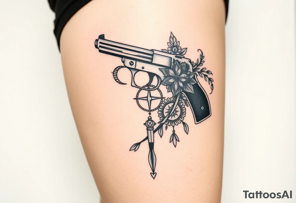 Hand 
gun, lace, compass and lipstick tattoo idea