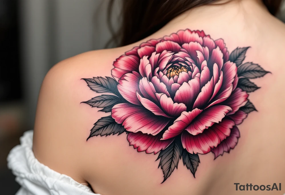 A large peony flower in shades of red and purple with bold black outlines. tattoo idea