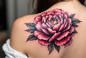 A large peony flower in shades of red and purple with bold black outlines. tattoo idea