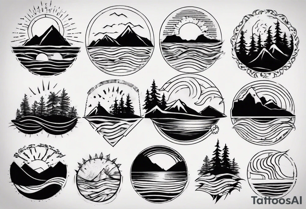 mountains, beach, waves, sunset, trees tattoo idea