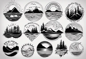 mountains, beach, waves, sunset, trees tattoo idea