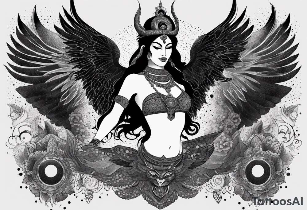 black kali, goddess pirate, alien, angel, pachamama, valkrye, warrior, flying, skull, lotus azul, wing, eagle, zenza resonance, stars, 5D, anahata chakra, death, durga, riding on a tiger, flying lady, kundalini, chest tatoo, samuri, rebel,serpent tattoo idea