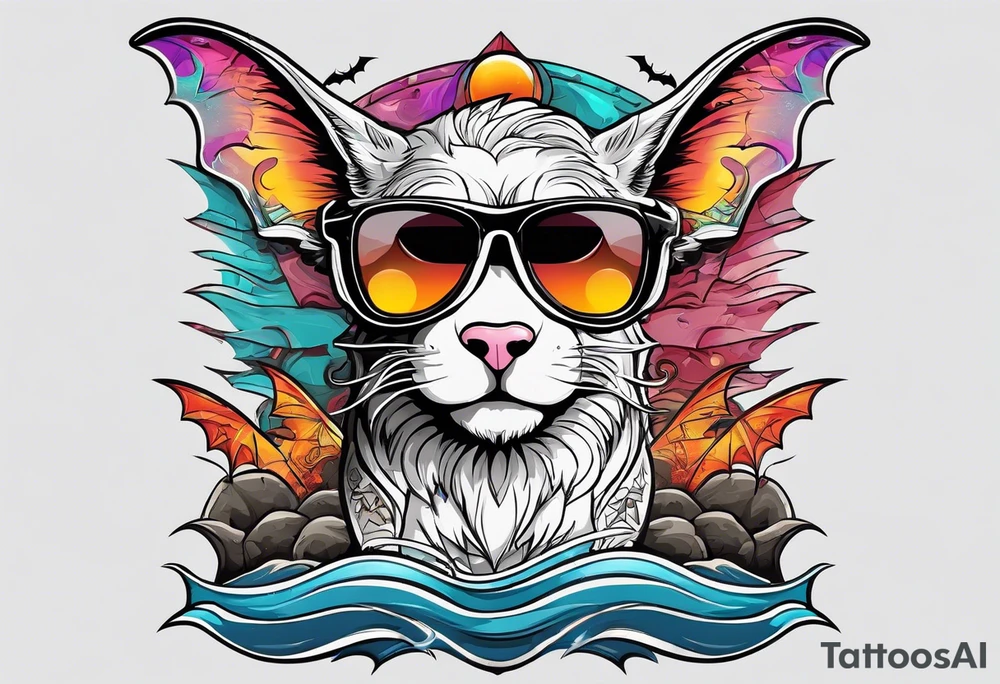 Colorful hieroglyph wearing sunglasses with bats water and cave tattoo idea