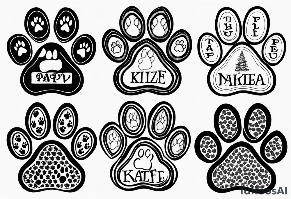 seven dog paw prints one for each of my dogs. indclude one dog's name on each paw print. the names are Tasha Katie Kiera Zeke Pixie Bud and Bear. tattoo idea