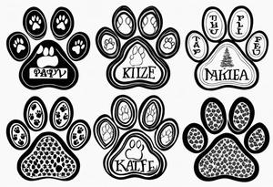 seven dog paw prints one for each of my dogs. indclude one dog's name on each paw print. the names are Tasha Katie Kiera Zeke Pixie Bud and Bear. tattoo idea