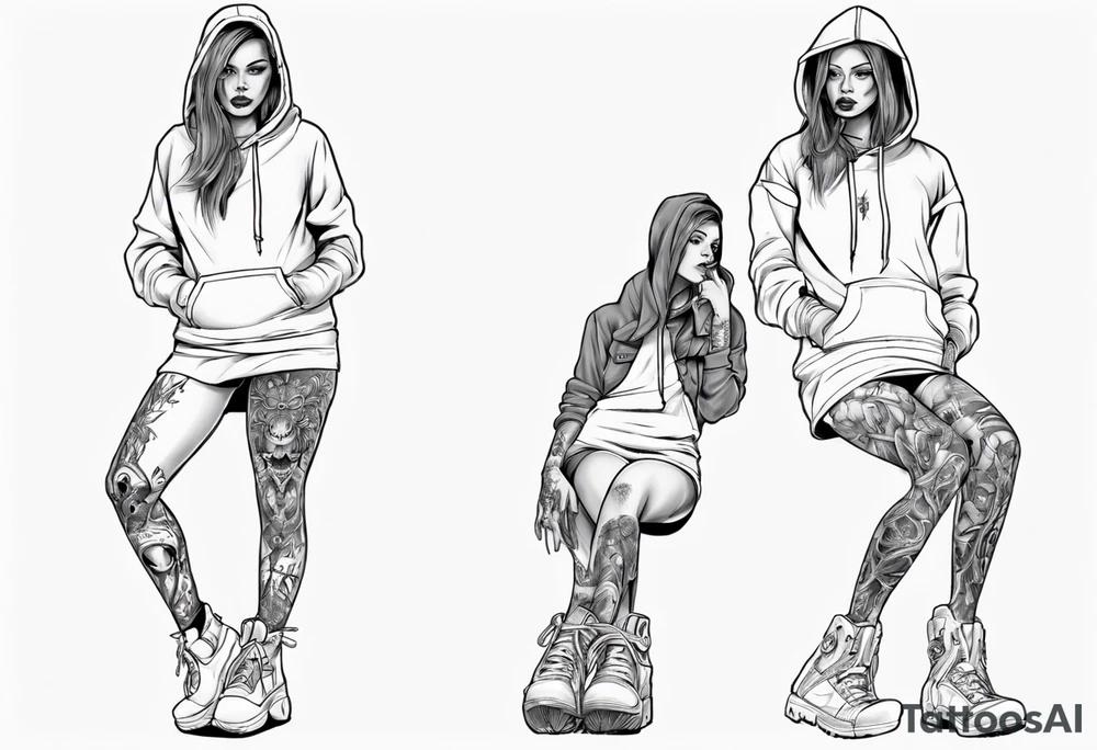 A girl in short skirt wearing a hoodie with her legs crossed tattoo idea