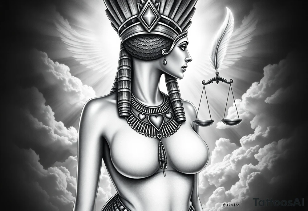 Beautiful Egyptian goddess with a curvy body and breasts covered by a slim dress. She is wearing an ostrich feather headdress, and intricate ancient Egyptian jewelry the Anhk necklace. Background includes something similar to heaven. Incorporate the Scales of Justice—one side holding a heart, the other Ma’at’s feather—glowing with ethereal energy. Emphasize dramatic lighting, deep shadows, and surreal, mystical atmosphere tattoo idea