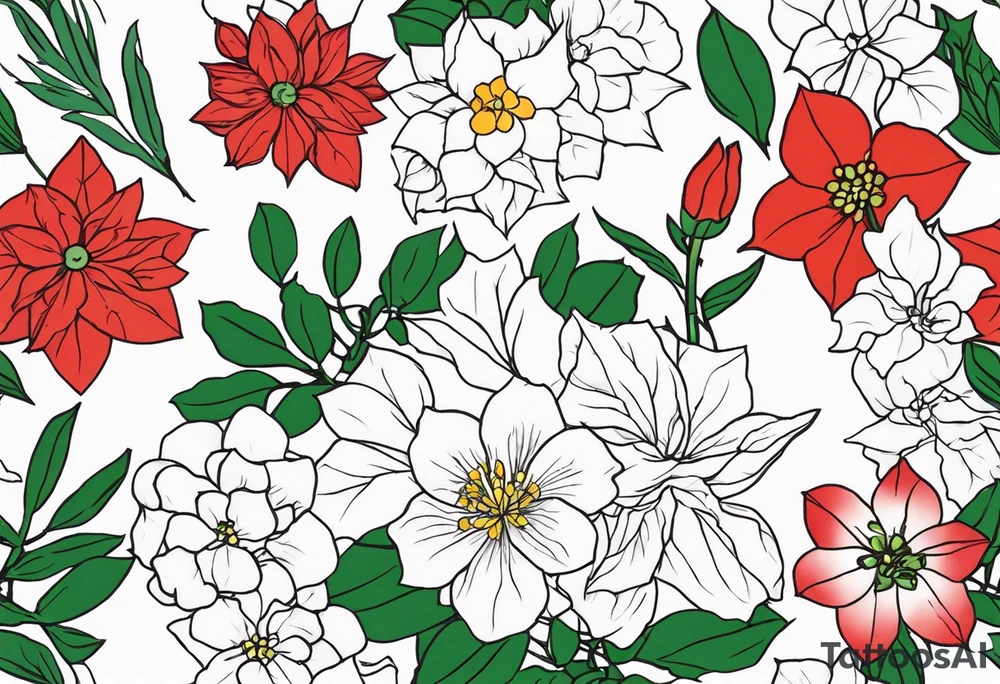 Hydrangea, Narcissus, Poinsettia, Holly, Gladiolus, Poppy, Daisy, Sweet Pea floral tattoo idea
