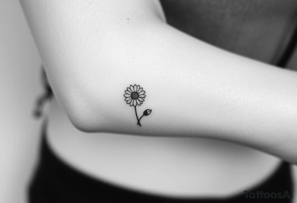 Small black and white tattoo waxing creaxent moon with small Daisy birth flower and tiny leo gliph tattoo idea