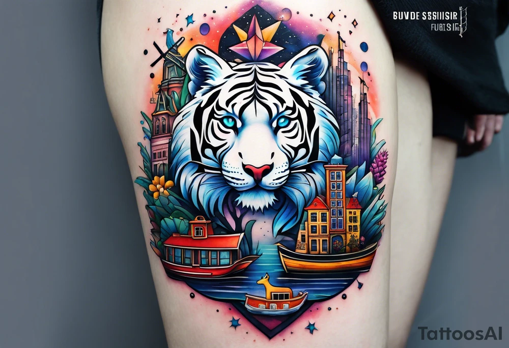 White tiger, deer stag and birds with pineapples featuring Amsterdam buildings and canal in galaxy colours and Amsterdam buildings and canal in space tattoo idea