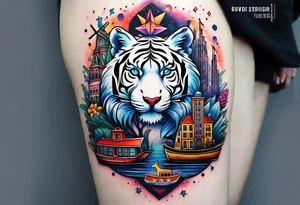 White tiger, deer stag and birds with pineapples featuring Amsterdam buildings and canal in galaxy colours and Amsterdam buildings and canal in space tattoo idea