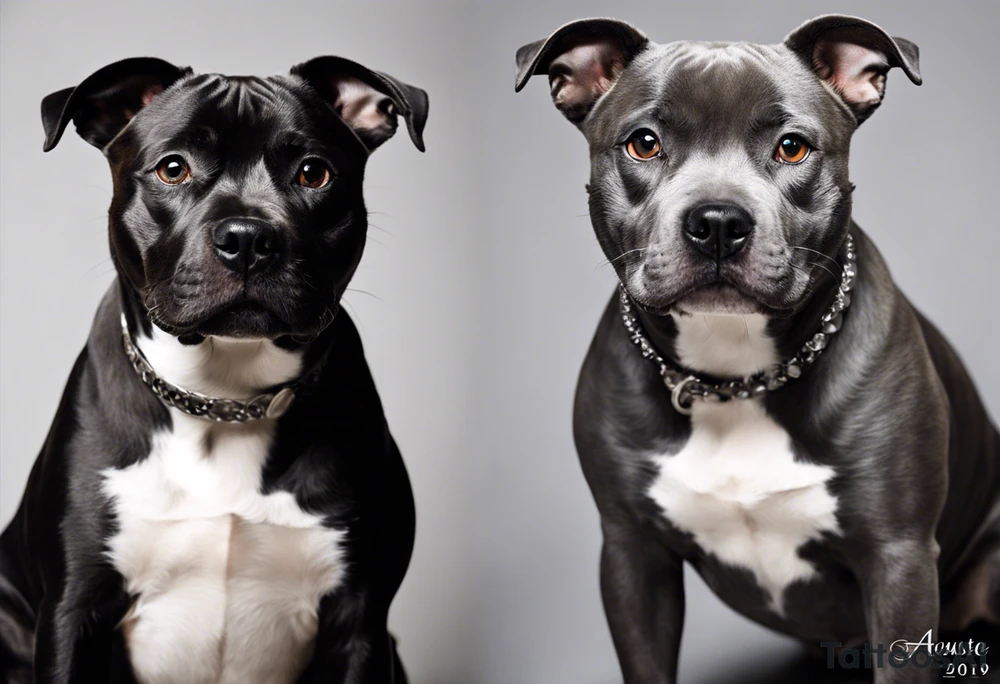 "Design a black and grey tattoo featuring two Staffy dogs, each representing a special date. The first Staffy should have a strong, loyal posture, with a playful but wise expression, and beneath it, the date 'August 5th, 2019.' The second Staffy should appear slightly younger, with an alert, loving look, with the date 'May 18th, 2022' beneath. Both dogs should be surrounded by soft, detailed shading to emphasize their presence.

Additionally, include two beautifully detailed roses, each blooming with significance. One rose should be placed near the first Staffy, with the date '2007' subtly integrated into its petals. The second rose should be positioned near the second Staffy, with the date '2022' hidden elegantly within its design. These roses symbolize two special people, so they should feel delicate yet resilient, merging naturally with the overall composition."

This tattoo will tell a heartfelt story of love, loyalty, and memory with a natural and symbolic flow. tattoo idea