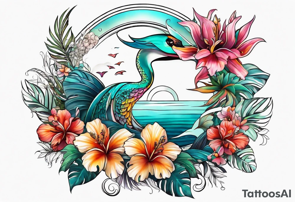 sea, flower, palm, animal tattoo idea