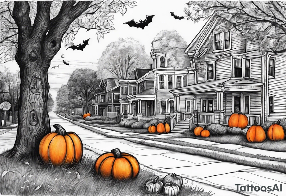 Midwestern street in fall with Halloween pumpkin tattoo idea