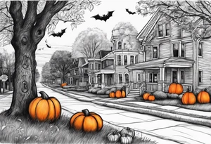 Midwestern street in fall with Halloween pumpkin tattoo idea