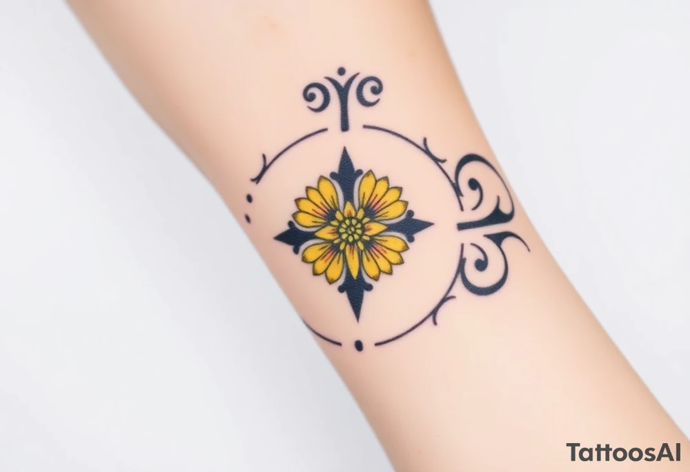 Yellow daisy Purple Hearts around a cross tattoo idea
