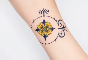 Yellow daisy Purple Hearts around a cross tattoo idea