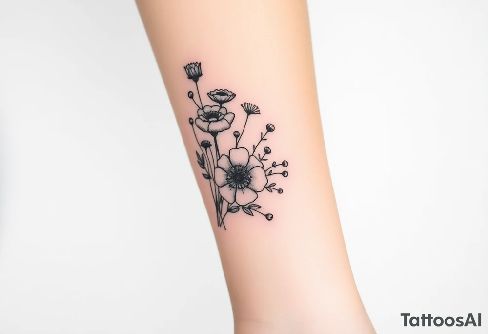 vintage bouquet of wild roses and meadow flowers with morning dew tattoo idea