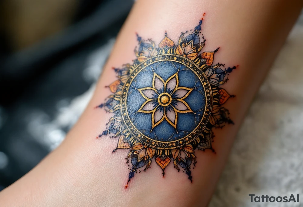 Golden Dharma Wheel with eight spokes in deep gold and royal blue, symbolizing the Noble Eightfold Path. tattoo idea