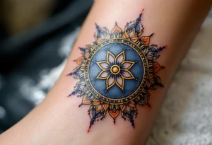 Golden Dharma Wheel with eight spokes in deep gold and royal blue, symbolizing the Noble Eightfold Path. tattoo idea