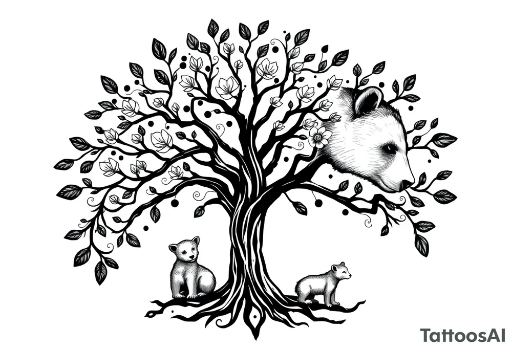 Tree of life and mama bear and one cub tattoo idea